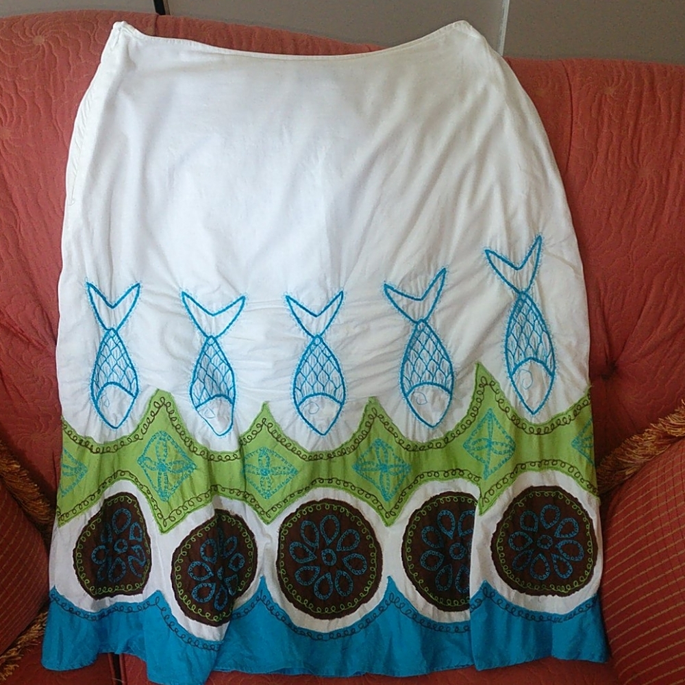 Basil & Maude Blue Fish Lined Midi Skirt Size 12